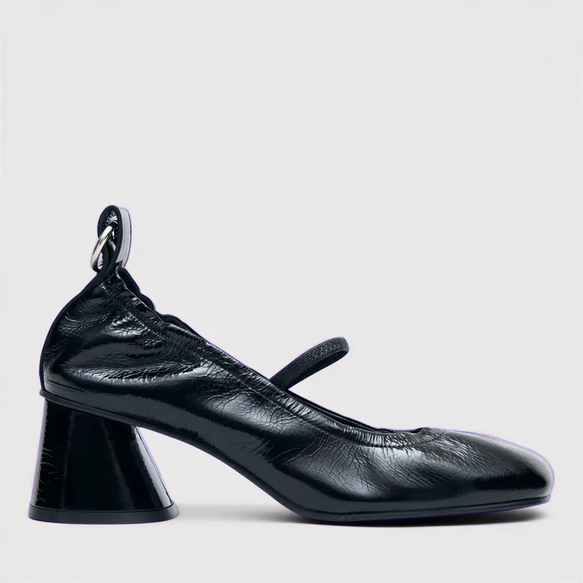 Photorealistic AI render of the sketch as a black patent leather Mary Jane pump
