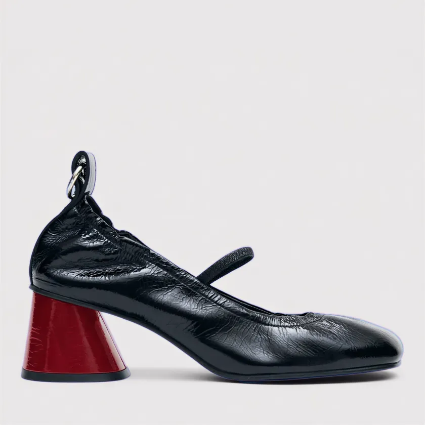 Black patent Mary Jane pump with the block heel recolored scarlet red